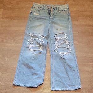 American Eagle Outfitters Light Blue Distressed Wide-Leg Jeans HIGHEST RISE
